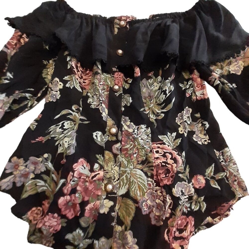 Vintage Bold Floral Blouse Ruffled V Neck Bib Collar Victorian Button Front S